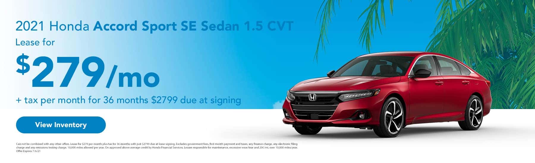 2021 Honda Accord Sport SE Sedan 1.5 Lease for $279 + tax per month for 36+ months $2799 due at signing