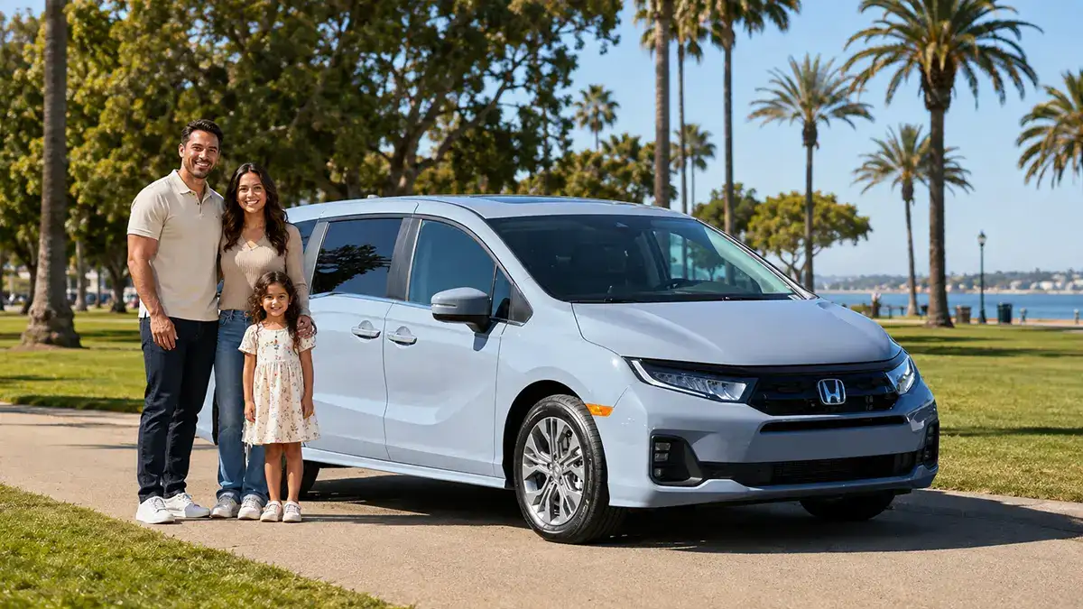 Honda Odyssey minivan parked on a Southern California street with a family nearby