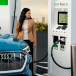 A woman charging her electric Audi e-Tron.