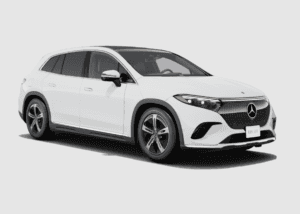 A white Mercedes-Benz EQS 450 parked in a white room.