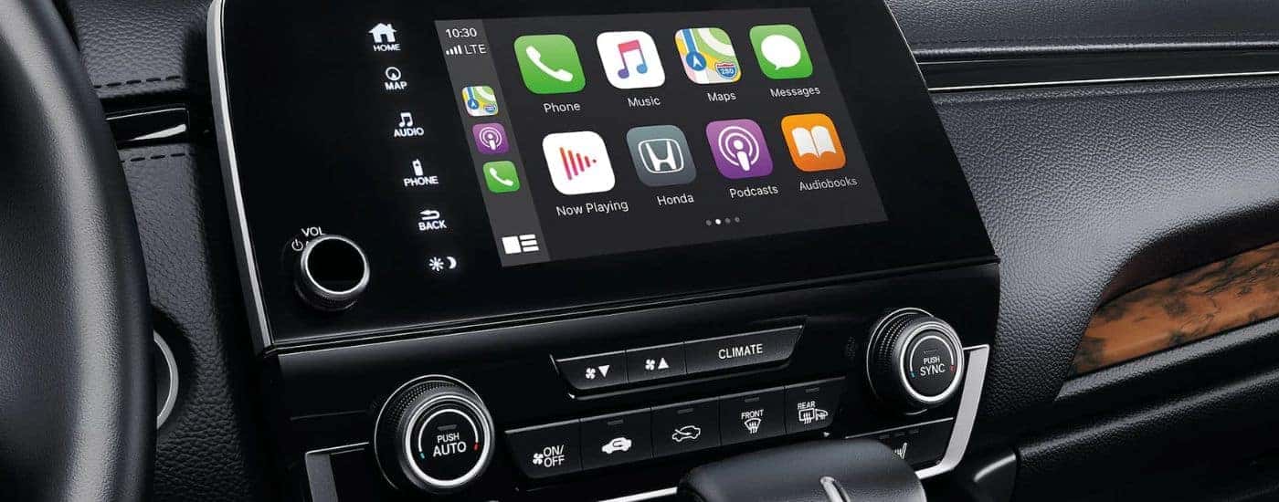 A close up shows the infotainment screen in a Honda CR-V for sale