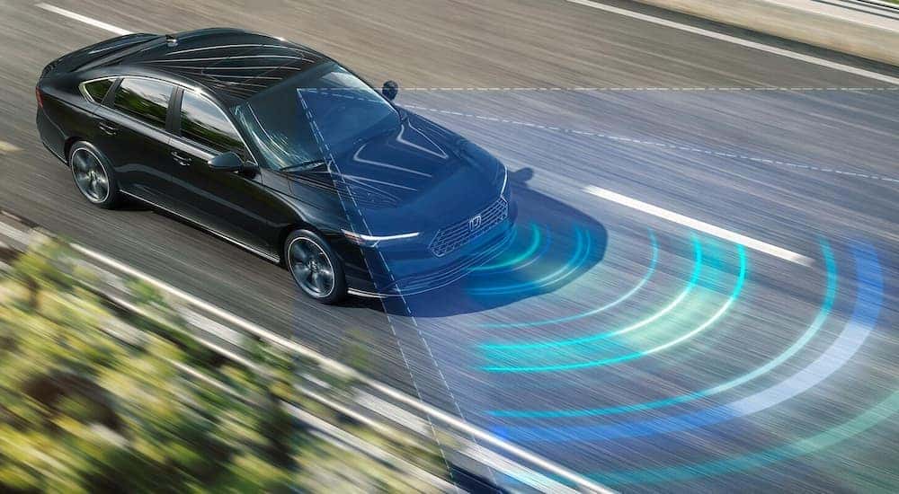 A black 2025 Honda Accord showcasing the blind spot monitoring feature