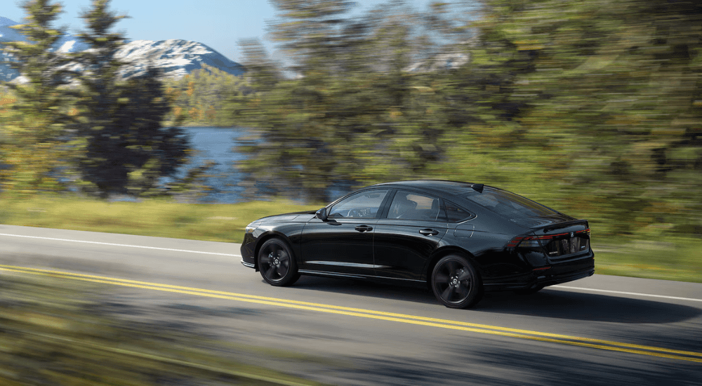 Black 2025 Honda Accord driving down mountain road from side