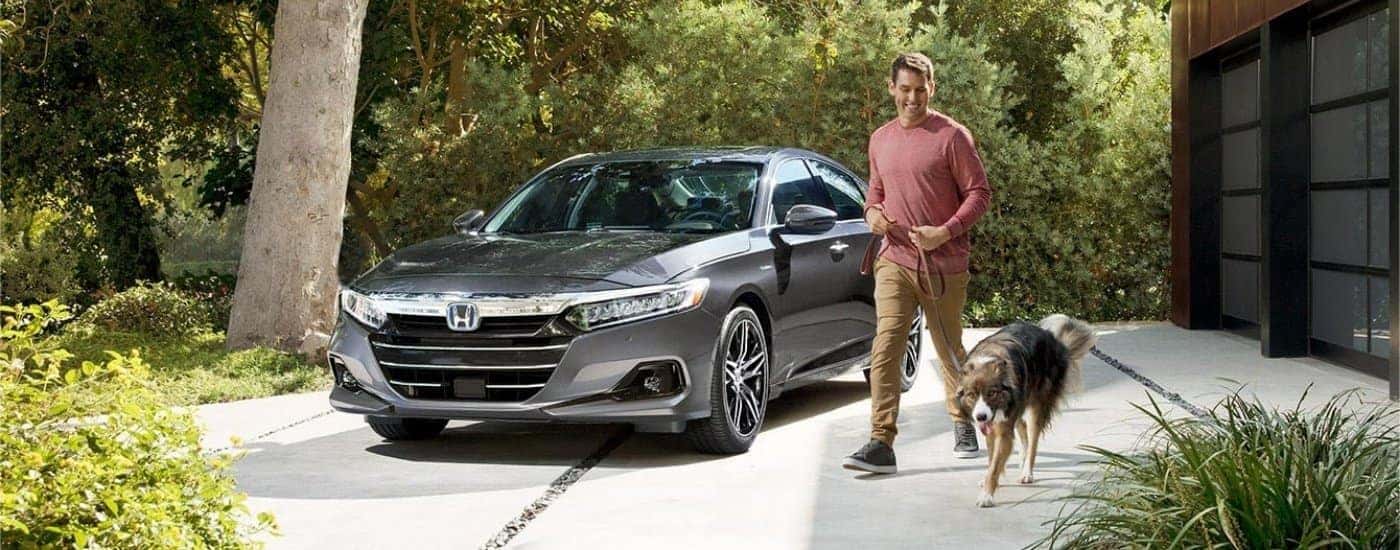 Gray 2021 Honda Accord parked next to a person and dog.