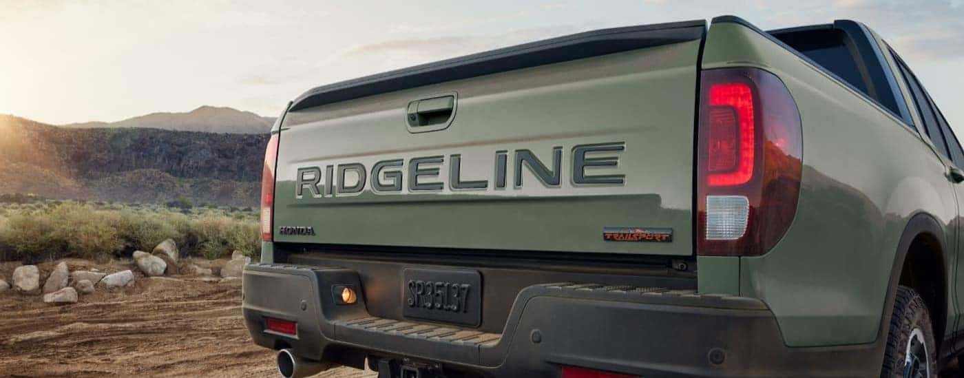 Close-up of a tailgate on a green 2026 Honda Ridgeline TrailSport.