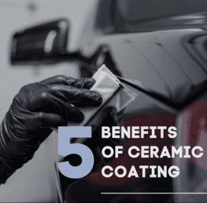 "5 benefits of ceramic coating" is written on a photograph of a close up of a person putting a ceramic coating.