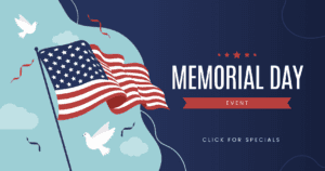 Memorial Day Event Click for Specials written on a graphic of an American flag with doves