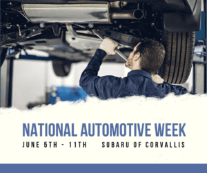"national automotive week June 5th-11th Subaru of Albany" written on top of a photograph of a technician underneath a vehicle.