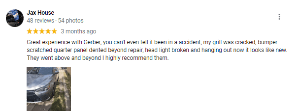 Great reviews of Gerber Collision Repair through Timmons Long Beach