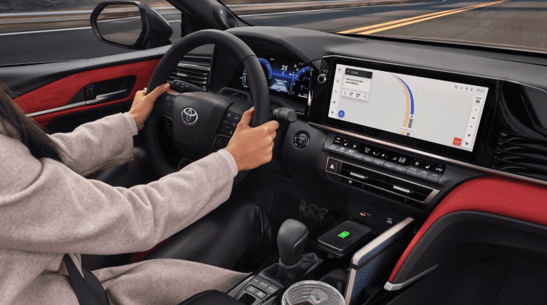 2026 Toyota Camry XSE interior shown in Cockpit Red leather trim for sale near Pflugerville, TX