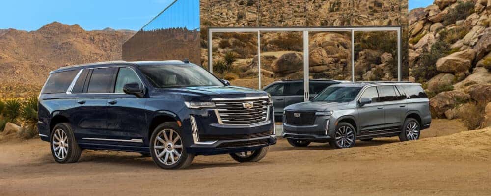 Two 2021 Cadillac Escalades parked outside building