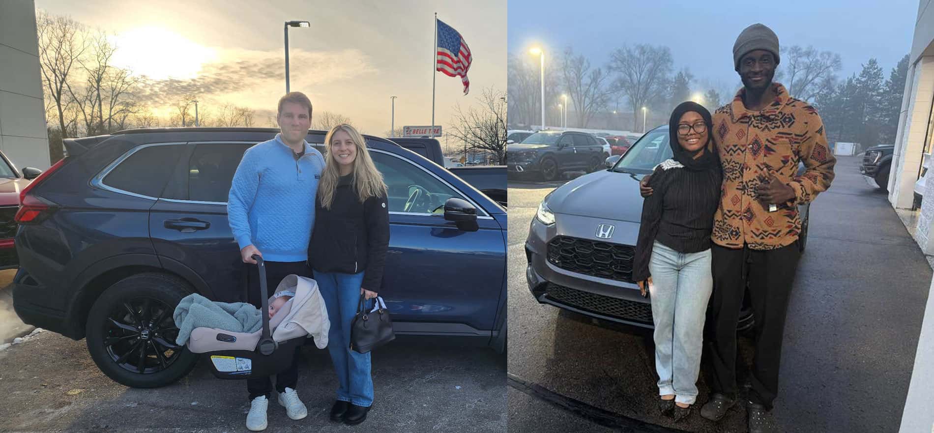 Victory Honda of Plymouth customers standing with their new vehicles